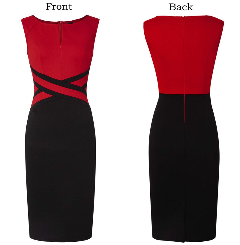 VFSHOW Womens Red and Black Colorblock Patchwork Slim Zipper Up Wear to Work Business Office Cocktail Party Professional Pencil Sheath Dress 6192 RED L - Image 3